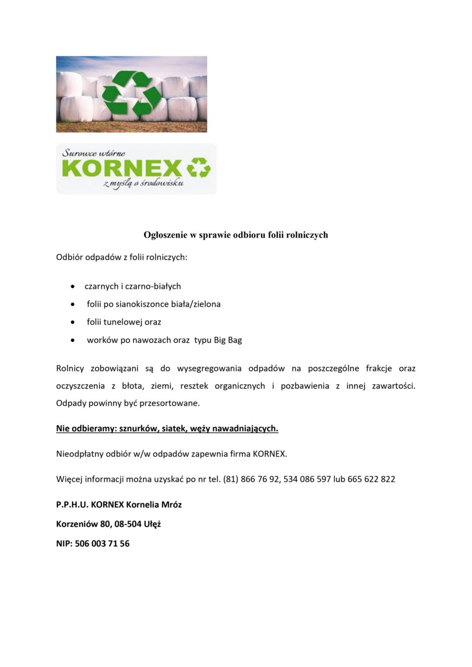 Ogłoszenie w sprawie odbioru folii rolniczych. Gmina Radgoszcz