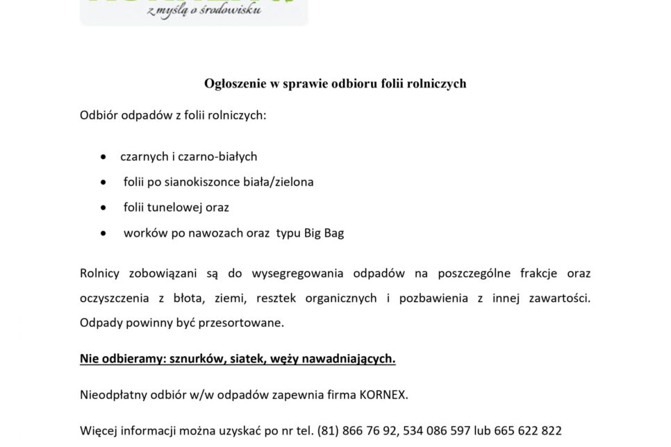 Ogłoszenie w sprawie odbioru folii rolniczych. Gmina Radgoszcz