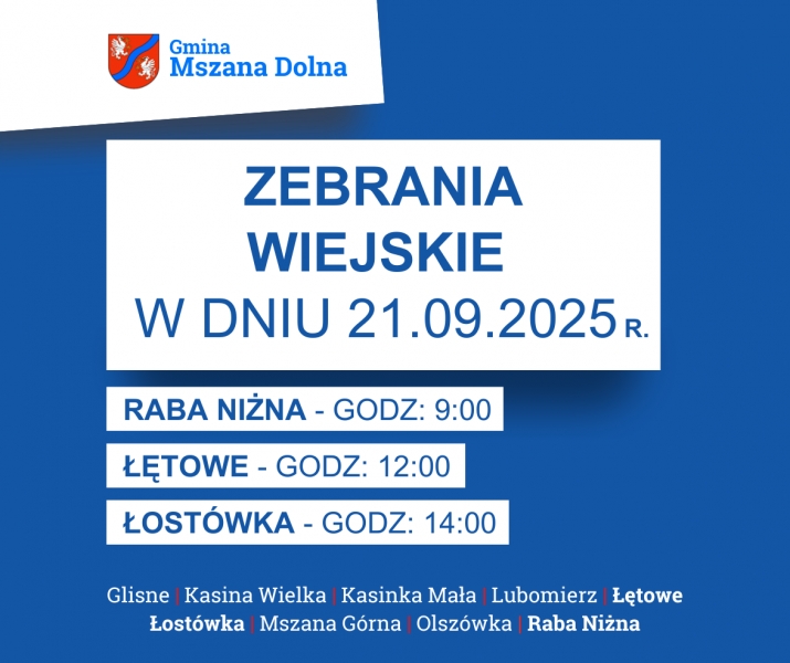 Informacja o zebraniach wiejskich w dniu 21.09.2025 r.. Gmina Mszana Dolna