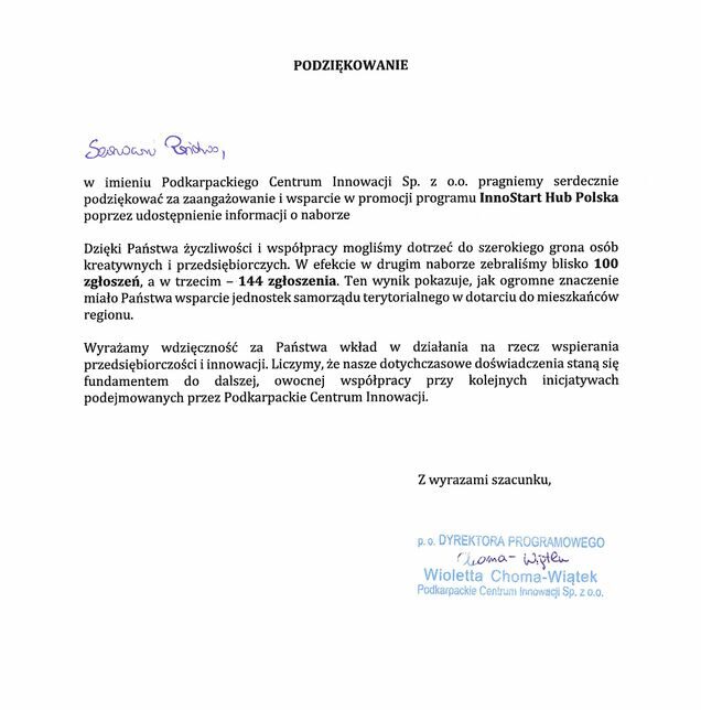 Podziękowanie za wsparcie w promocji InnoStart Hub. Zembrzyce