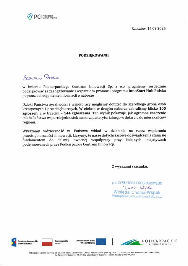 Podziękowanie za wsparcie w promocji InnoStart Hub. Zembrzyce