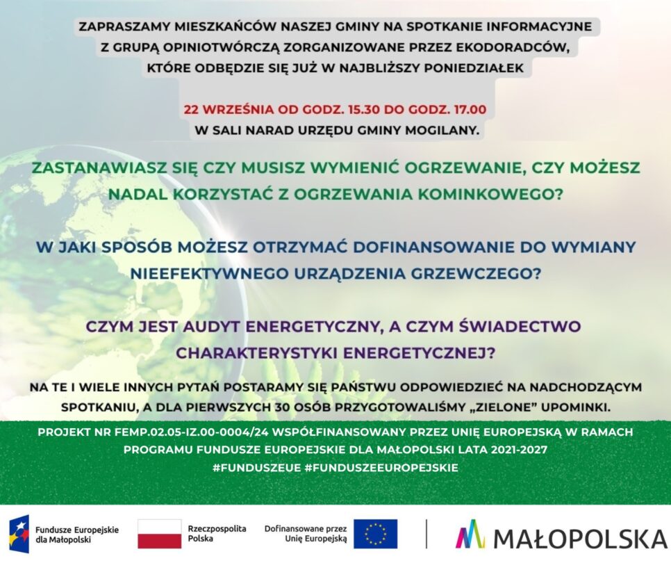 Spotkanie dla mieszkańców Gminy Mogilany z Grupą Opiniotwórczą zorganizowane przez Ekodoradców. Gmina Mogilany