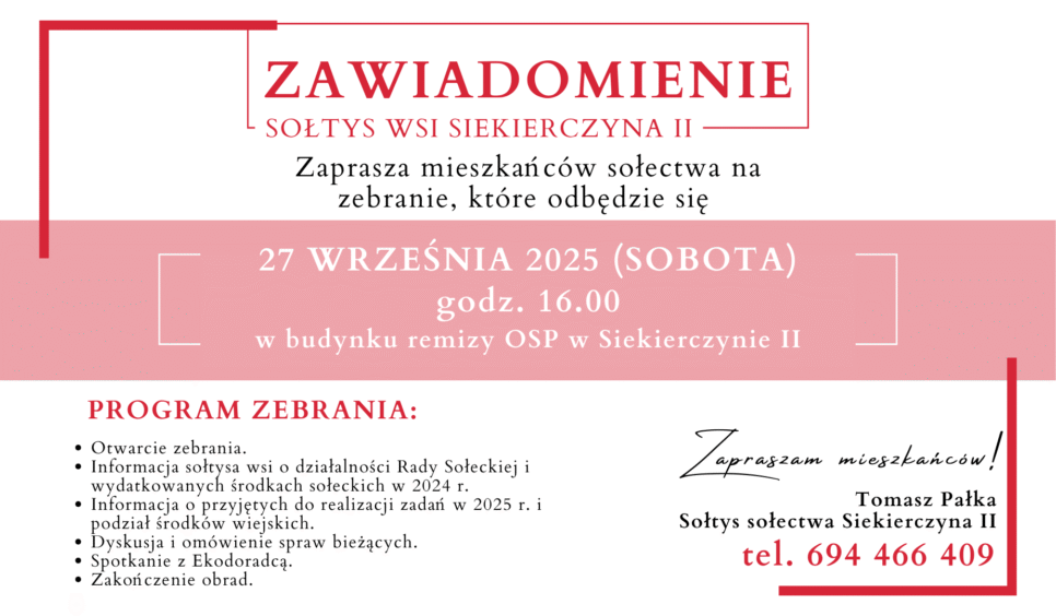 Zaproszenie na zebranie wiejskie w Siekierczynie II dnia 27 września. Gmina Limanowa