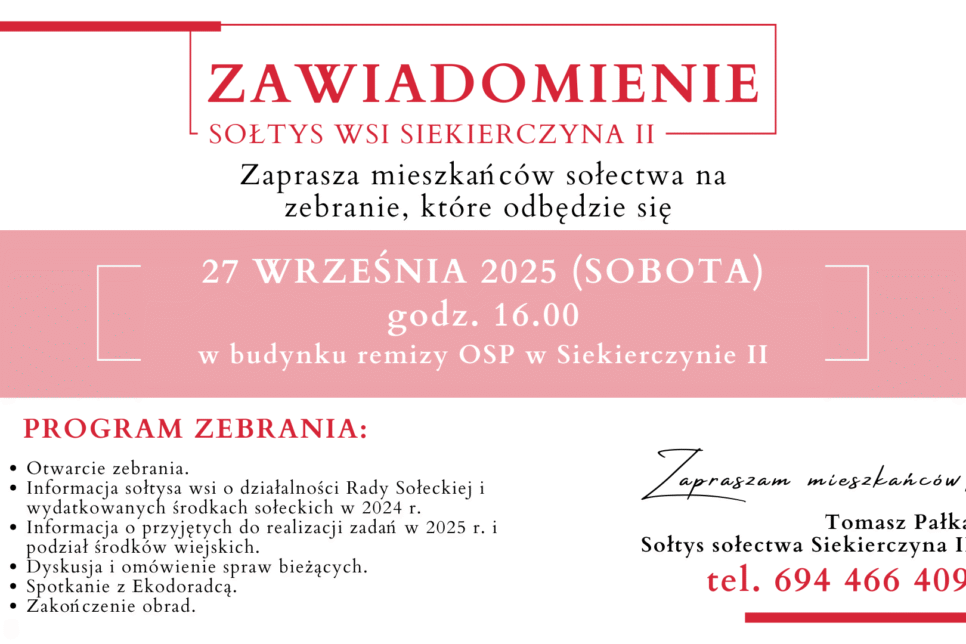 Zaproszenie na zebranie wiejskie w Siekierczynie II dnia 27 września. Gmina Limanowa