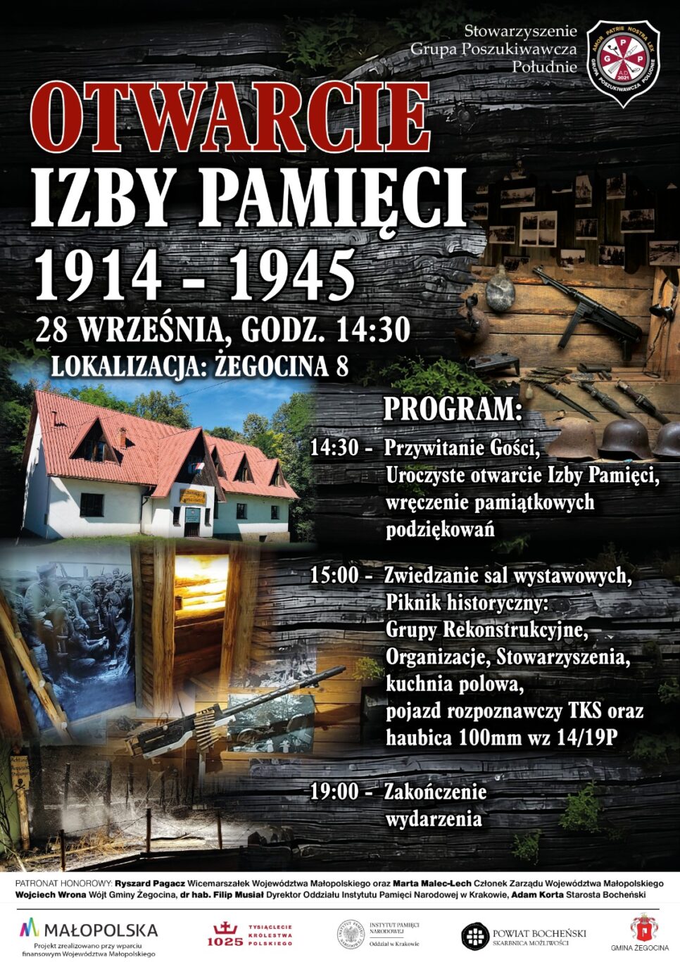 Zaproszenie na uroczyste otwarcie Izby Pamięci 1914–1945 w Żegocinie. Gmina Żegocina