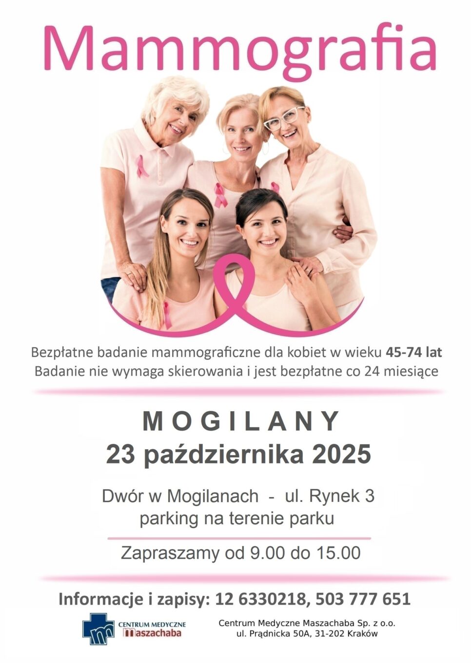 Bezpłatne badania mammograficzne dla kobiet od 45 do 74 roku życia w ramach Programu Profilaktyki Raka Piersi Narodowego Funduszu Zdrowia. Gmina Mogilany