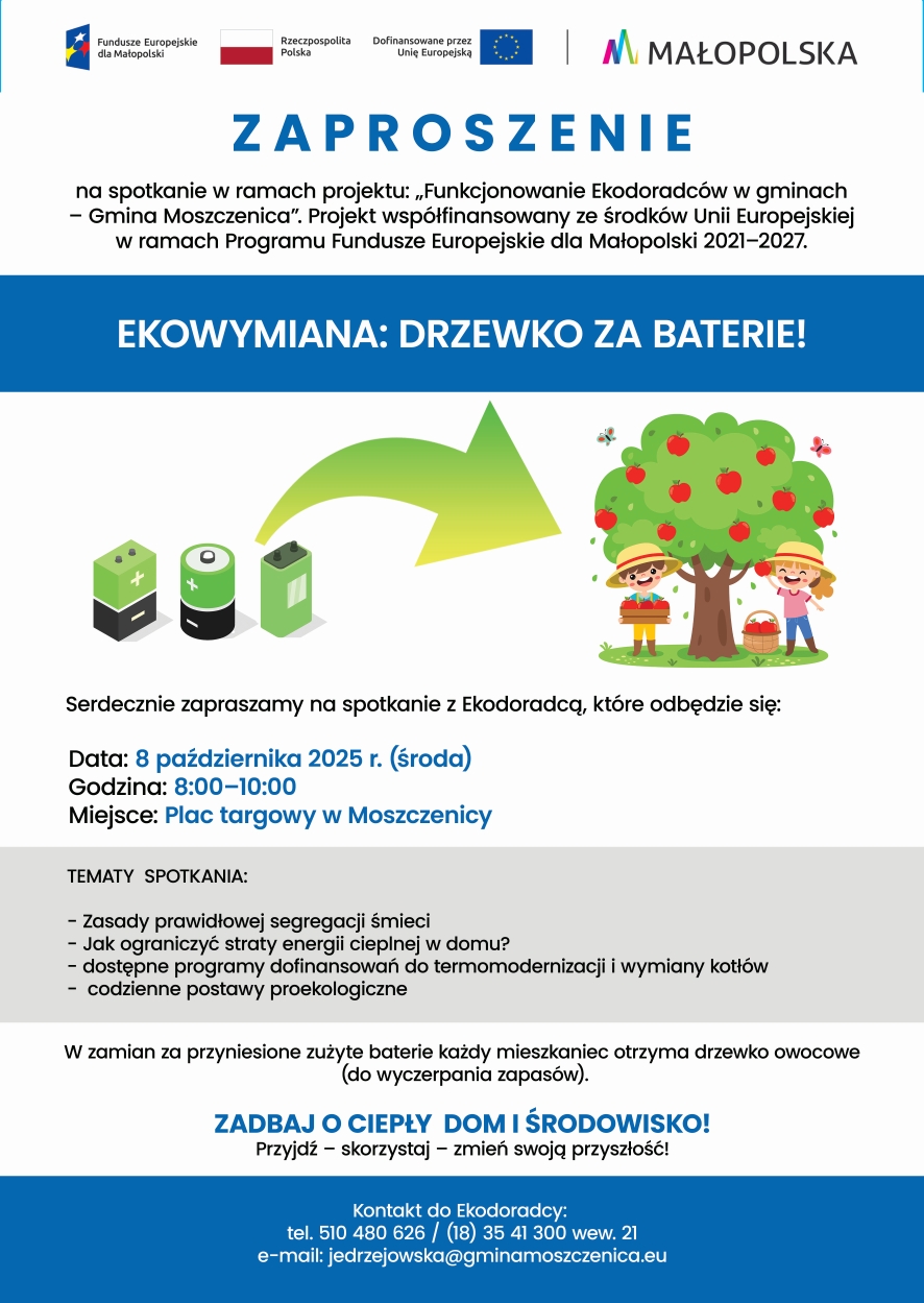 Zaproszenie na spotkanie – EKOWYMIANA: DRZEWKO ZA BATERIE! 8 października 2025 r. (środa) Godz. 8:00–10:00. Gmina Moszczenica
