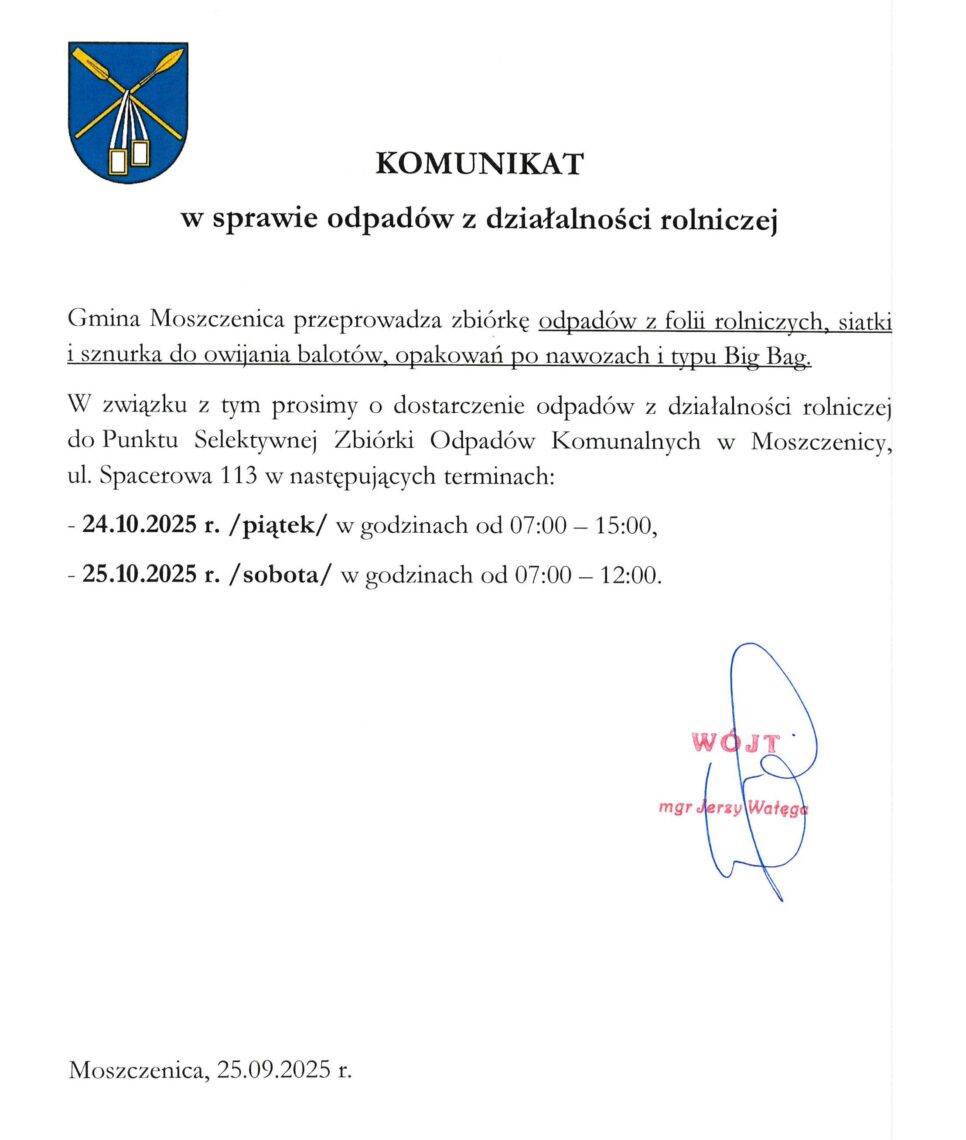 KOMUNIKAT w sprawie odpadów z działalności rolniczej. Gmina Moszczenica