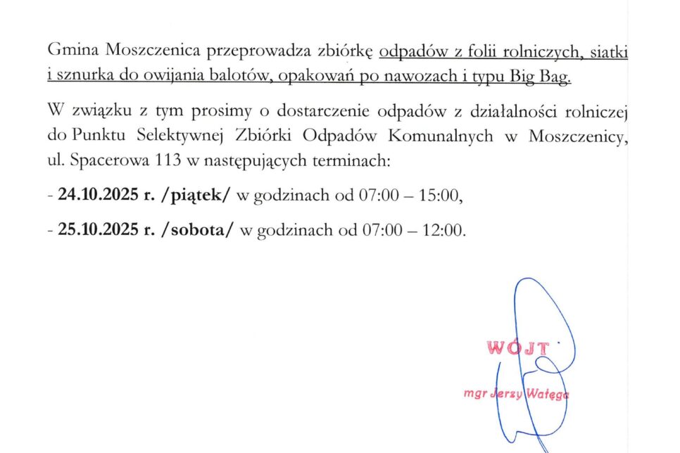 KOMUNIKAT w sprawie odpadów z działalności rolniczej. Gmina Moszczenica
