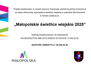 ZADANIE WSPÓŁFINANSOWANE ZE ŚRODKÓW FINANSOWYCH WOJEWÓDZTWA MAŁOPOLSKIEGO W RAMACH KONKURSU PN. MAŁOPOLSKIE ŚWIETLICE WIEJSKIE 2025. Gmina Charsznica