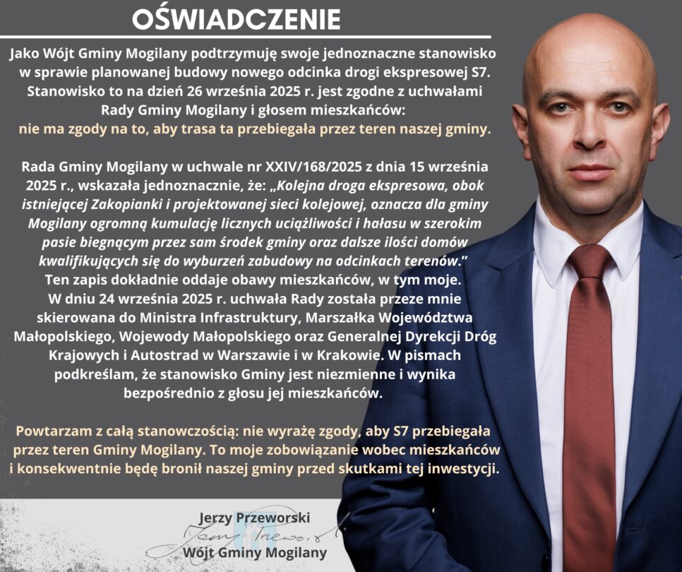 Oświadczenie Wójta Gminy Mogilany w sprawie planowanej budowy nowego odcinka drogi ekspresowej S7. Gmina Mogilany