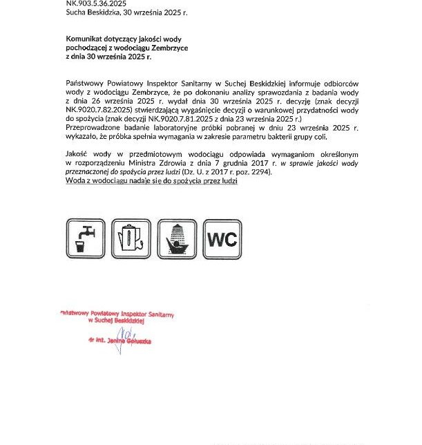 Komunikat dotyczący jakości wody pochodzącej z wodociągu Zembrzyce z dnia 30 września 2025 r.. Zembrzyce