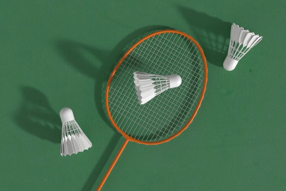 a badminton racket and two shuttles on a green surface