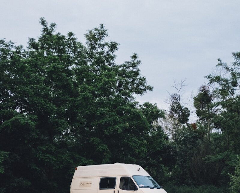 white van parked near green trees during daytime