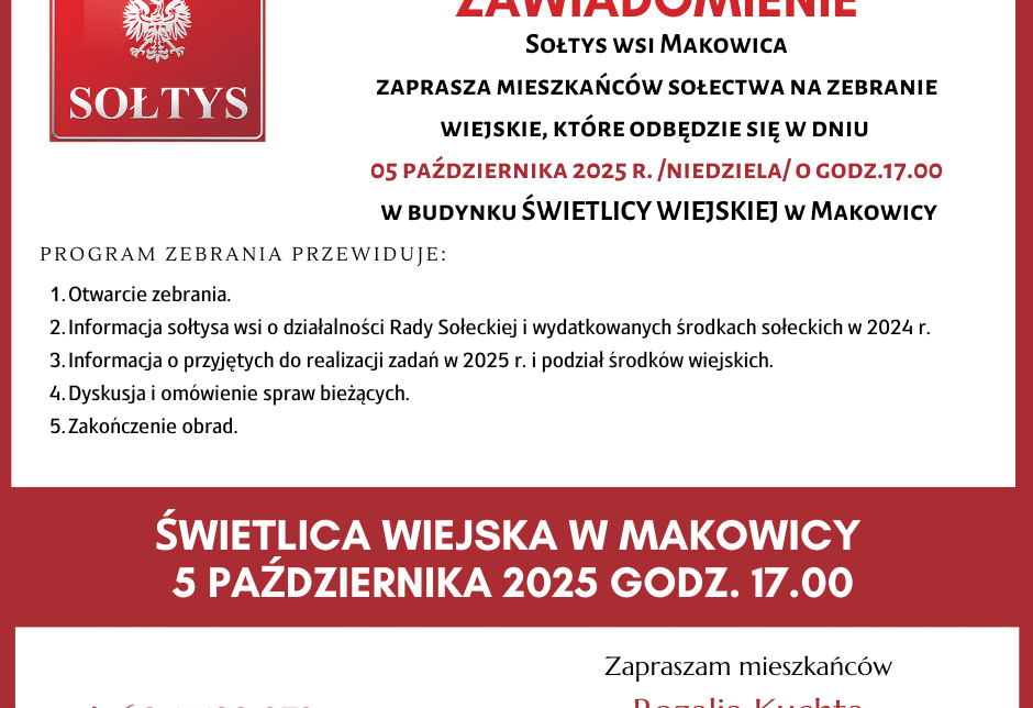 Zaproszenie na zebranie wiejskie w  Makowicy 5 października 2025. Gmina Limanowa