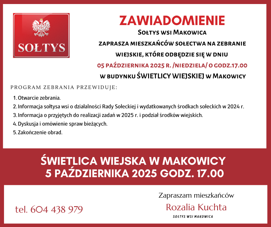 Zaproszenie na zebranie wiejskie w  Makowicy 5 października 2025. Gmina Limanowa