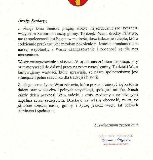 Życzenia z okazji Dnia Seniora. Zembrzyce