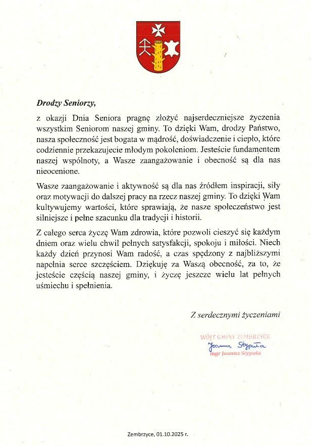 Życzenia z okazji Dnia Seniora. Zembrzyce