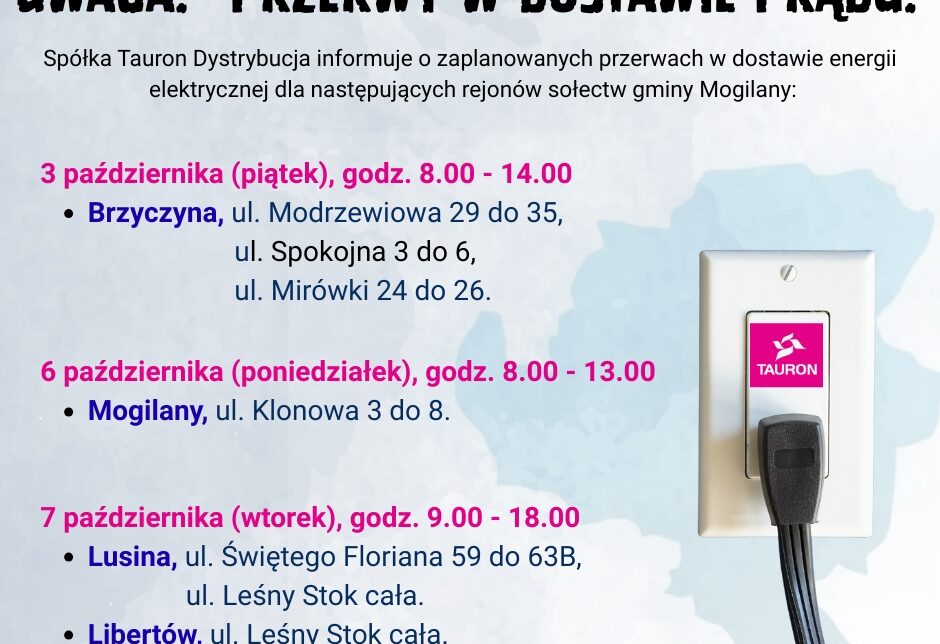 UWAGA! Planowane przerwy w dostawie prądu. Gmina Mogilany
