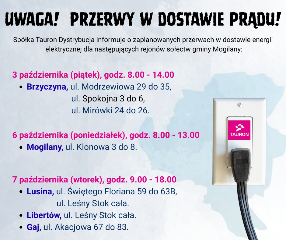 UWAGA! Planowane przerwy w dostawie prądu. Gmina Mogilany