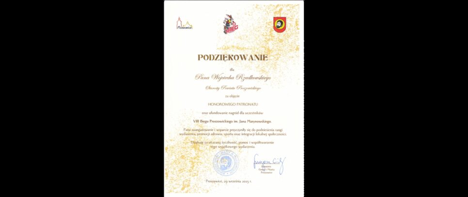 Podziękowanie dla Starosty Powiatu Proszowickiego. Proszowice