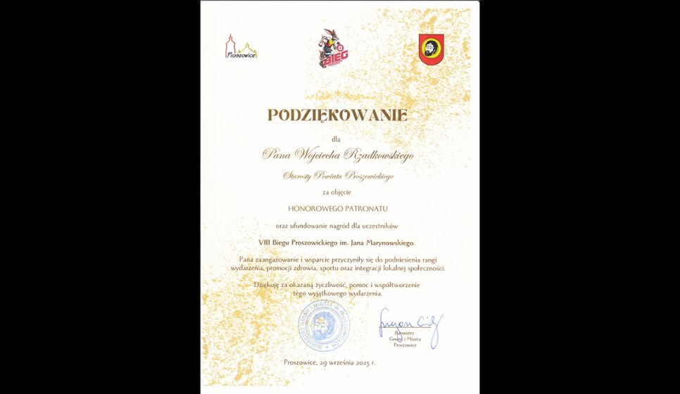 Podziękowanie dla Starosty Powiatu Proszowickiego. Proszowice