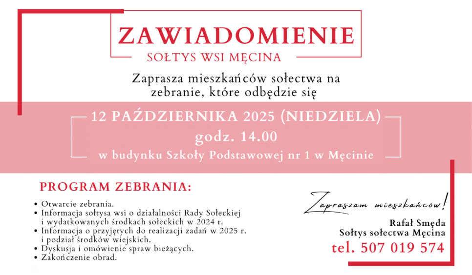 Zaproszenie na zebranie wiejskie w Męcinie dnia 12 października. Gmina Limanowa