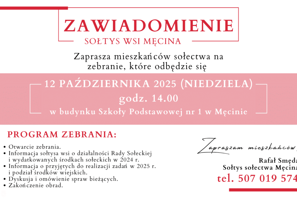 Zaproszenie na zebranie wiejskie w Męcinie dnia 12 października. Gmina Limanowa