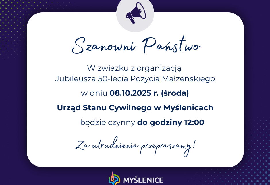 Zmiana organizacji pracy Urzędu Stanu Cywilnego w środę 8 października. Gmina Myślenice