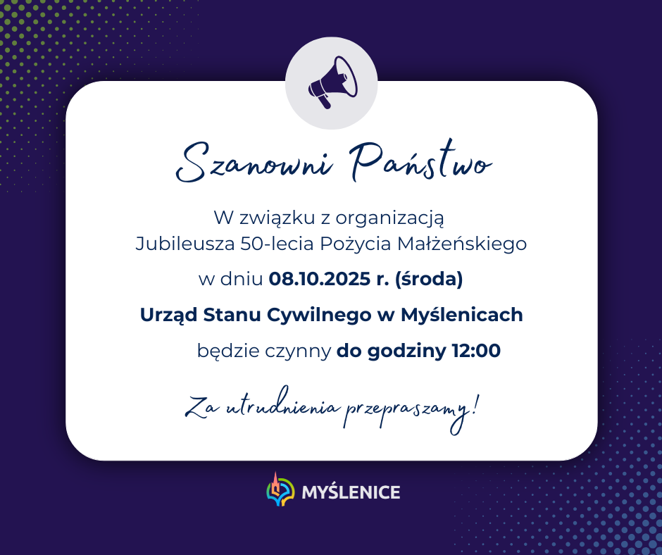 Zmiana organizacji pracy Urzędu Stanu Cywilnego w środę 8 października. Gmina Myślenice