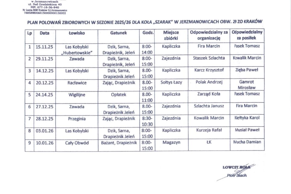Plan polowań zbiorowych w sezonie 2025-2026 roku, koła łowieckiego „Szarak”. Gmina Jerzmanowice-Przeginia