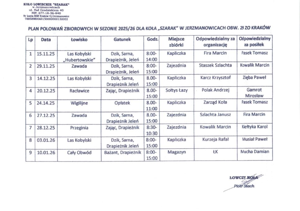 Plan polowań zbiorowych w sezonie 2025-2026 roku, koła łowieckiego „Szarak”. Gmina Jerzmanowice-Przeginia