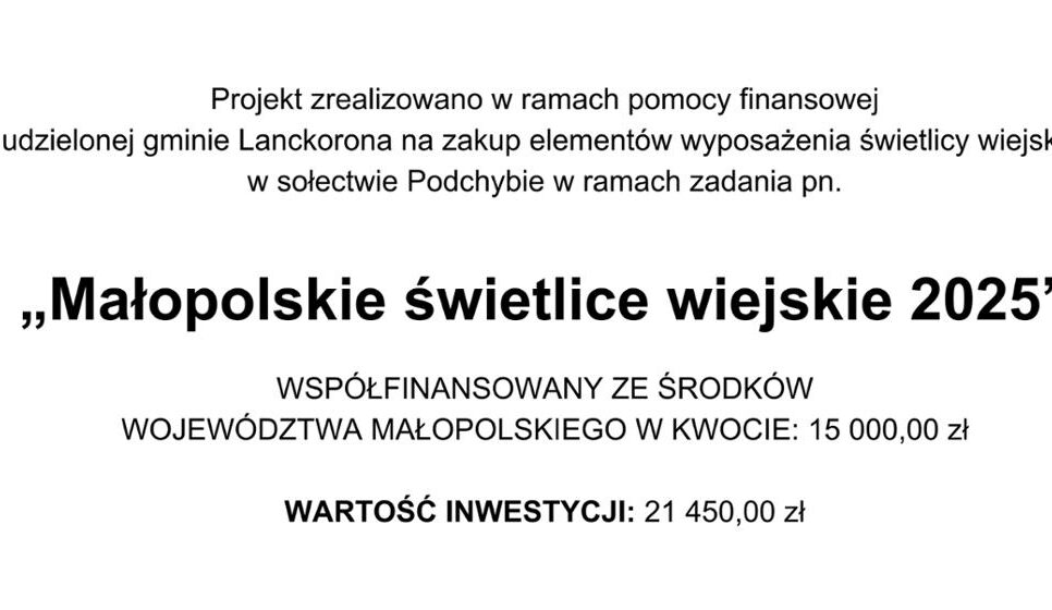 Wyposażenie świetlicy wiejskiej w Podchybiu.. Lanckorona