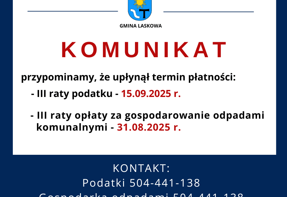Przypomnienie – upłynął termin płatności. Gmina Laskowa