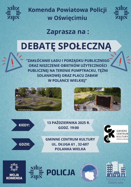 Polanka Wielka. Poniedziałek 13.10.2025 r. Policjanci zapraszają na debatę społeczną pt. „Porozmawiajmy o bezpieczeństwie. Możesz mieć na nie wpływ”.. Oświęcim