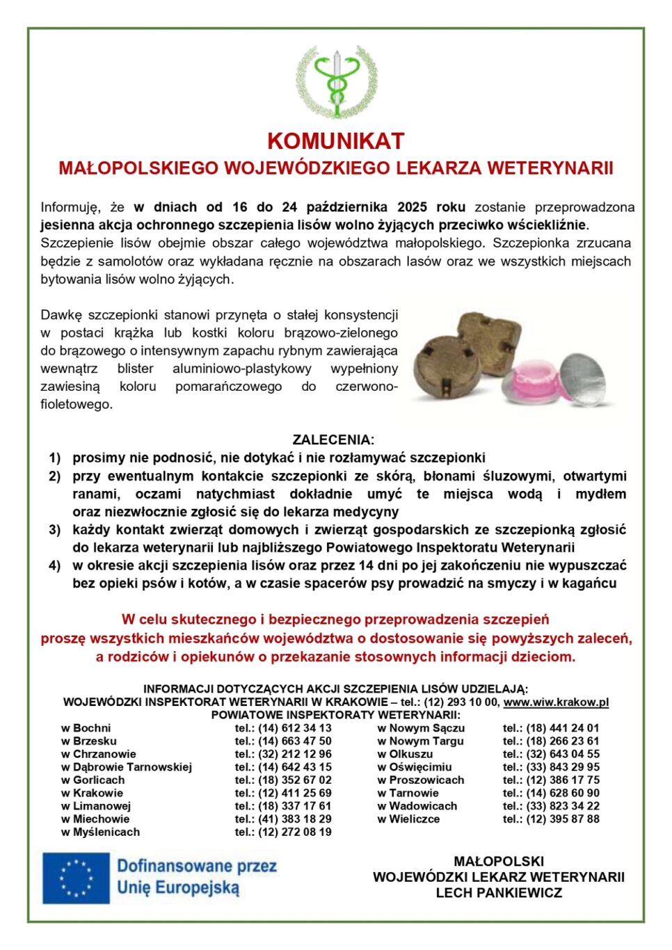 KOMUNIKAT MAŁOPOLSKIEGO WOJEWÓDZKIEGO LEKARZA WETERYNARII. Gmina Kamienica