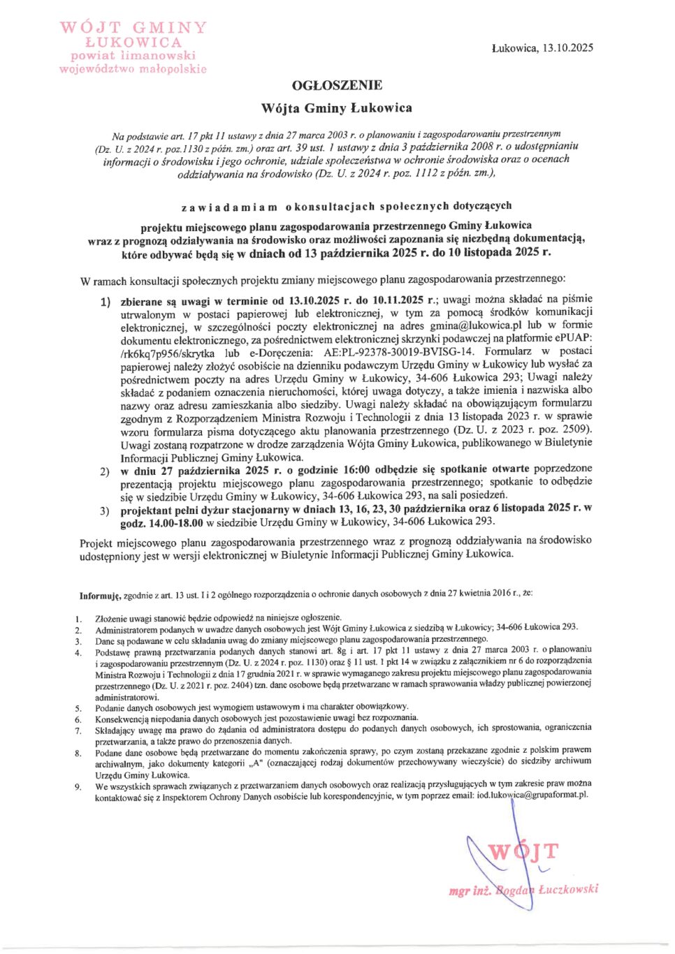 Konsultacje społeczne MPZP Gminy Łukowica. Gmina Łukowica