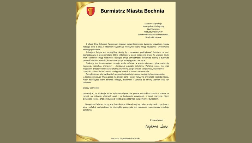 List z okazji Dnia Edukacji Narodowej 2025. Bochnia