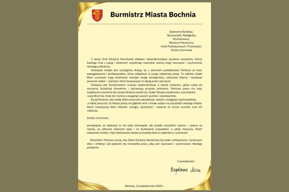 List z okazji Dnia Edukacji Narodowej 2025. Bochnia