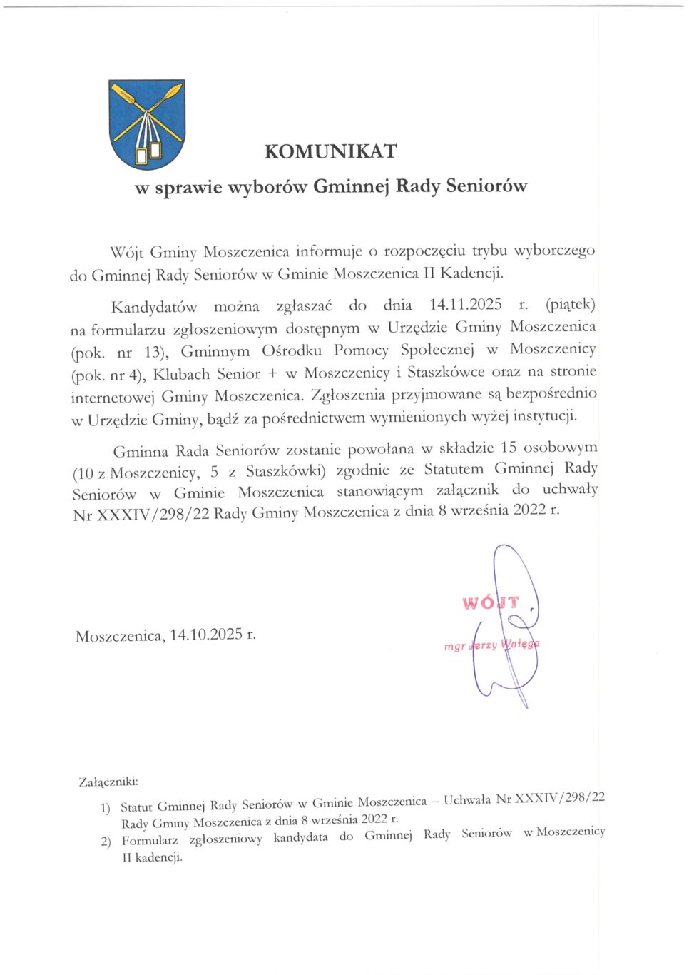 KOMUNIKAT w sprawie wyborów Gminnej Rady Seniorów. Gmina Moszczenica