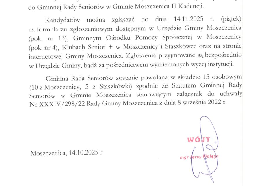 KOMUNIKAT w sprawie wyborów Gminnej Rady Seniorów. Gmina Moszczenica