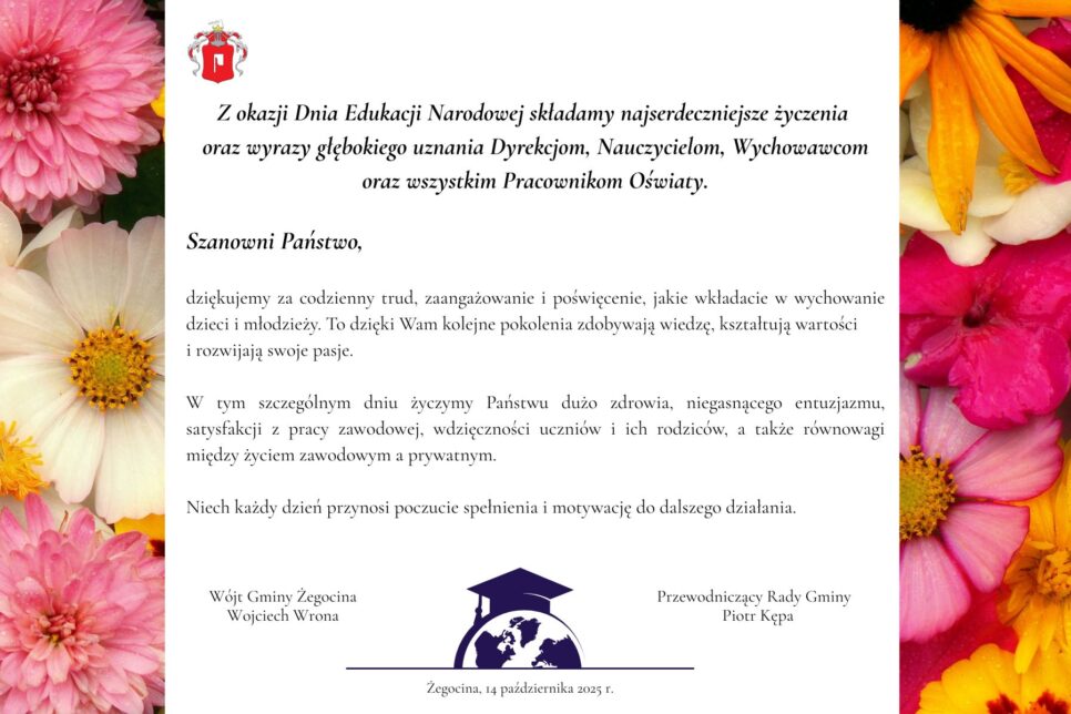 DZIEŃ EDUKACJI NARODOWEJ – ŻYCZENIA WÓJTA  I PRZEWODNICZĄCEGO RADY GMINY 2025 rok. Gmina Żegocina