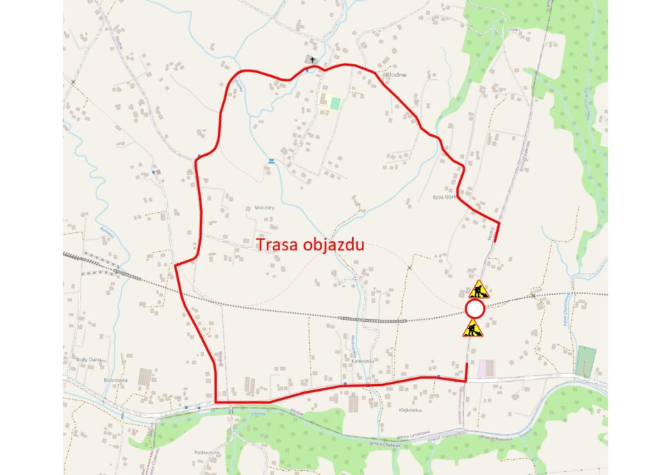 Tymczasowa organizacja ruchu na drodze prowadzącej do osiedla Klenie w miejscowości Kłodne. Gmina Limanowa