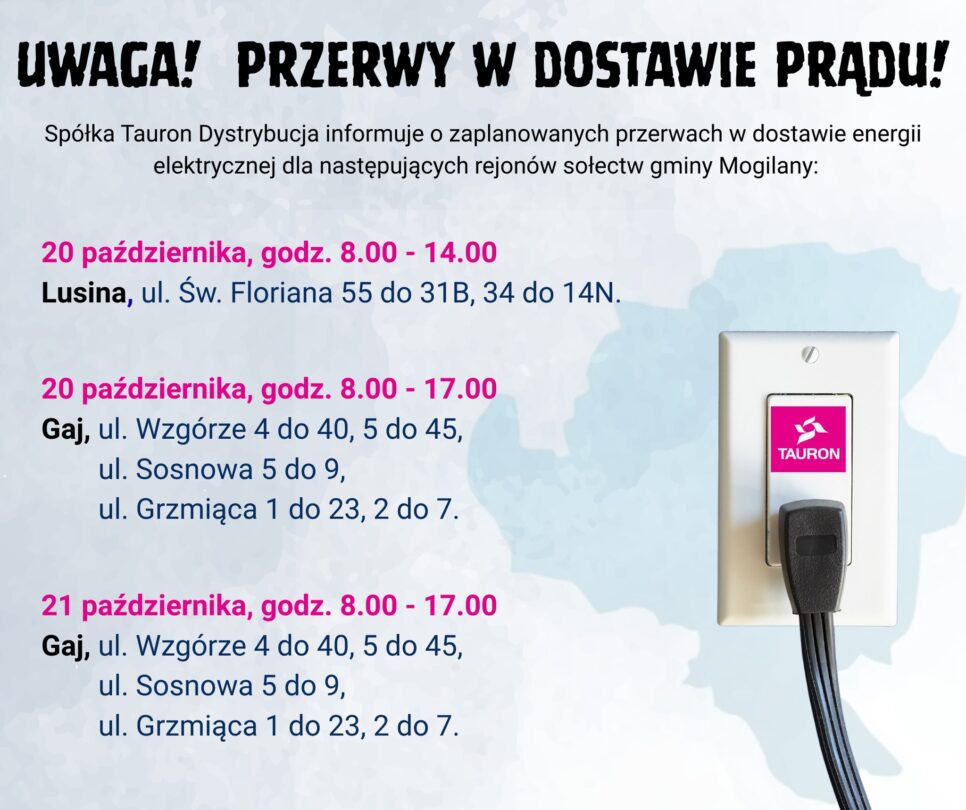 Przerwy w dostawię prądu w miejscowościach Gaj i Lusina. Gmina Mogilany