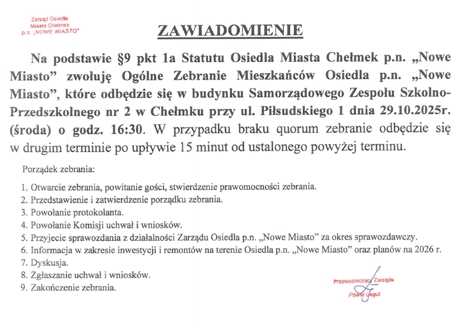 Zebranie Mieszkańców Osiedla  p.n. „Nowe Miasto”. Chełmek