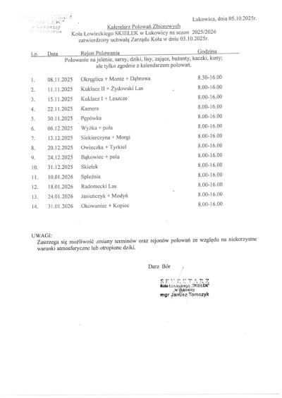 Kalendarze polowań zbiorowych. Gmina Łukowica