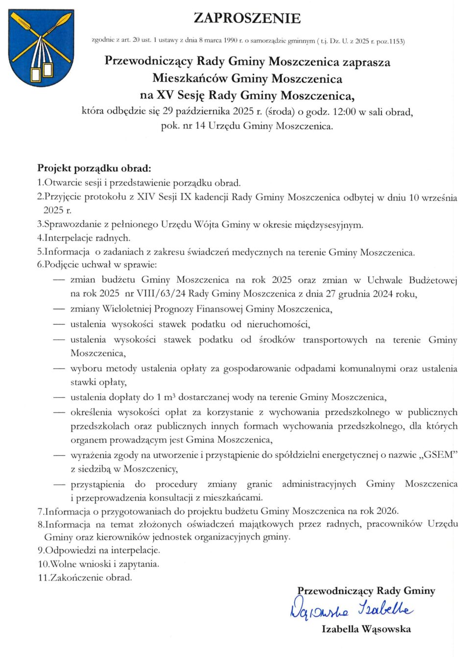 ZAPROSZENIE na XV Sesję Rady Gminy Moszczenica. Gmina Moszczenica