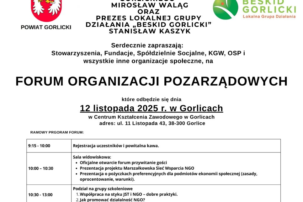 Zaproszenie na forum organizacji pozarządowych. Gmina Ropa