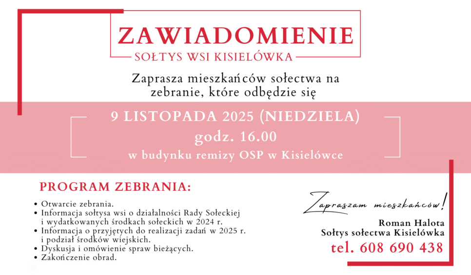 Zaproszenie na zebranie wiejskie w Kisielówce dnia 9 listopada. Gmina Limanowa