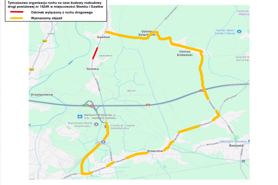 Zamknięcie drogi powiatowej w Gawłowie. Bochnia